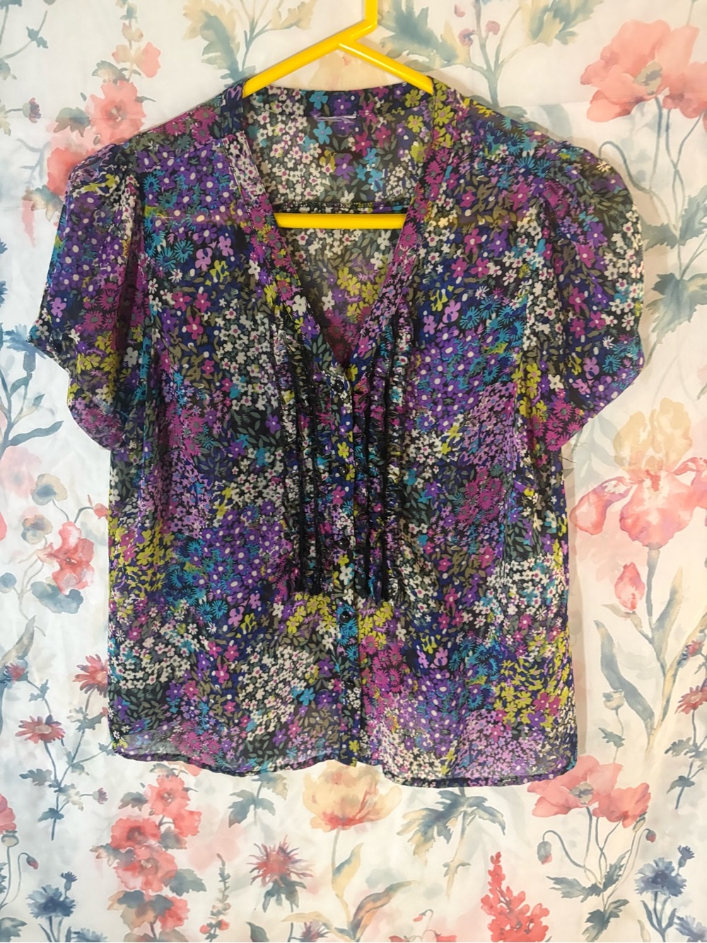 Floral V-Neck Short Sleeve Blouse - Purple Multi